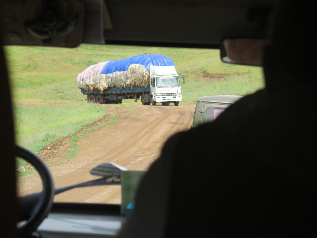 LKW mit Tierfell beladen auf einem Bergpass in der Mongolei