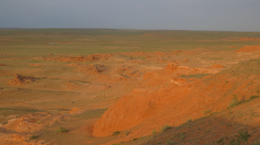 Rote Felsen im Abendrot Bayanzag Mongolei, dahinter Grasfläche Wüste Gobi